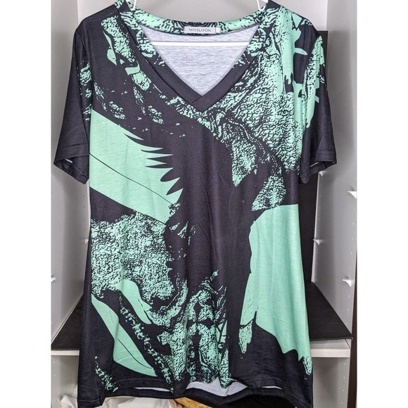 Misslook Short Sleeve Top Women’s Size 2XL Green and Black Design V Neck - Picture 4 of 5